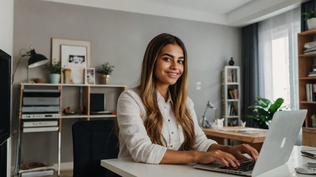 uma jovem trabalhando de casa com seu computador 1